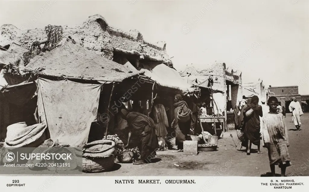 Sudan - Native Market at Omdurman. The site of the Battle of Omdurman on 2nd September 1898. Winston Churchill famously rode with the 21st Lancers - three Victoria Crosses were awarded as a result of the action.     Date: circa early 1920s