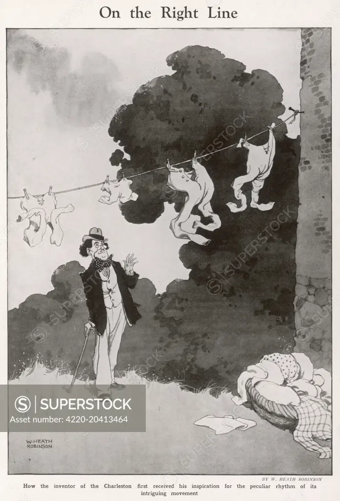 How the inventor of the Charleston first received his inspiration for the peculiar rhythm of its intriguing movement. illustration by William Heath Robinson.     Please note: Credit must appear as  Courtesy of the Estate of Mrs J.C.Robinson/Pollinger Ltd/ILN/Mary Evans     Date: 1927