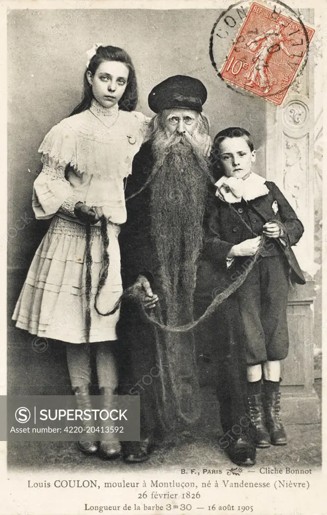 Monsieur Louis Coulon (b.1826 in Vandenesse, France) - a Mould-maker of Montlucon, who had a record-breaking beard (3.3m) - pictured here being held by two children, possibly his Grandchildren or indeed his Great-grandchildren     Date: 1905