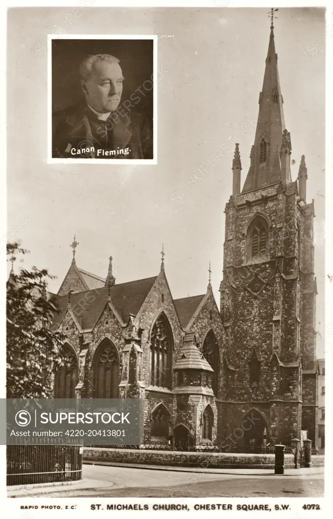 St Michael's Church, Chester Square, Pimlico, London. Inset photograph of the priest, Canon Fleming     Date: circa 1910s