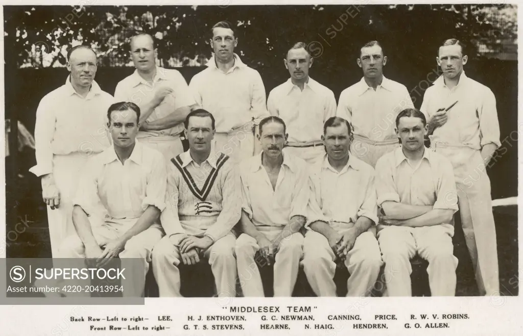 Middlesex Cricket Team, 1930s showing Lee, H.J. Enthoven, G.C. Newman, Canning, Price, R.W.V. Robins, G.T.S. Stevens, Hearne,N. Haig, Hendren, G.O. Allen     Date: 1930s