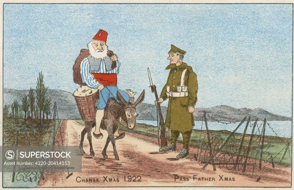 A British soldier takes amusement at 'Father Christmas' (a rotund, white bearded Turk riding a donkey!) passing his watch at Chanak, Turkey.  1922