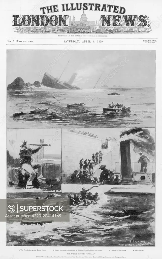 Scenes depicting the various incidents relating to the sinking of the steam ship, 'Stella'. The ship was sailing from Southampton when  it was caught among the Casquet rocks and her bottom was torn open. The scenes depicted here show the foundering at the Roche Noire; Pierre Normand, Coastguard at Tardeheu, discovering survivoirs; the landing of survivors; and the rescue operation.  1899