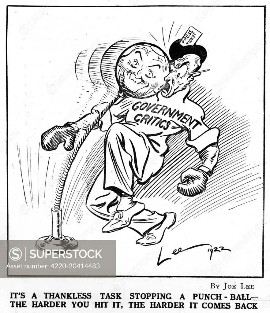 It's a thankless task stopping a Punch ball - The harder you hit it, the harder it comes back.   Cartoon showing the Prime Minister, David Lloyd George, as a Punchball hitting back at his critics in the press following the break up of the Liberal - Conservative coalition that ended in his resignation.       Date: 25th October 1922