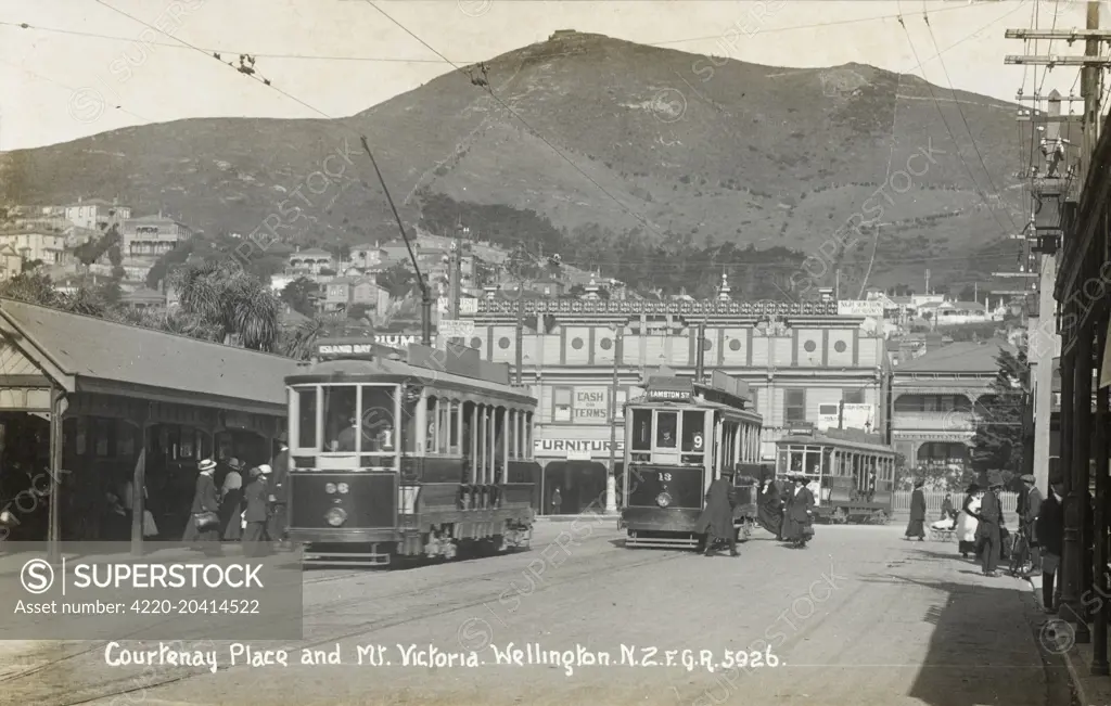 Trams in Courtenay Place and Mount Victoria, Wellington, New Zealand     Date: C. 1900s