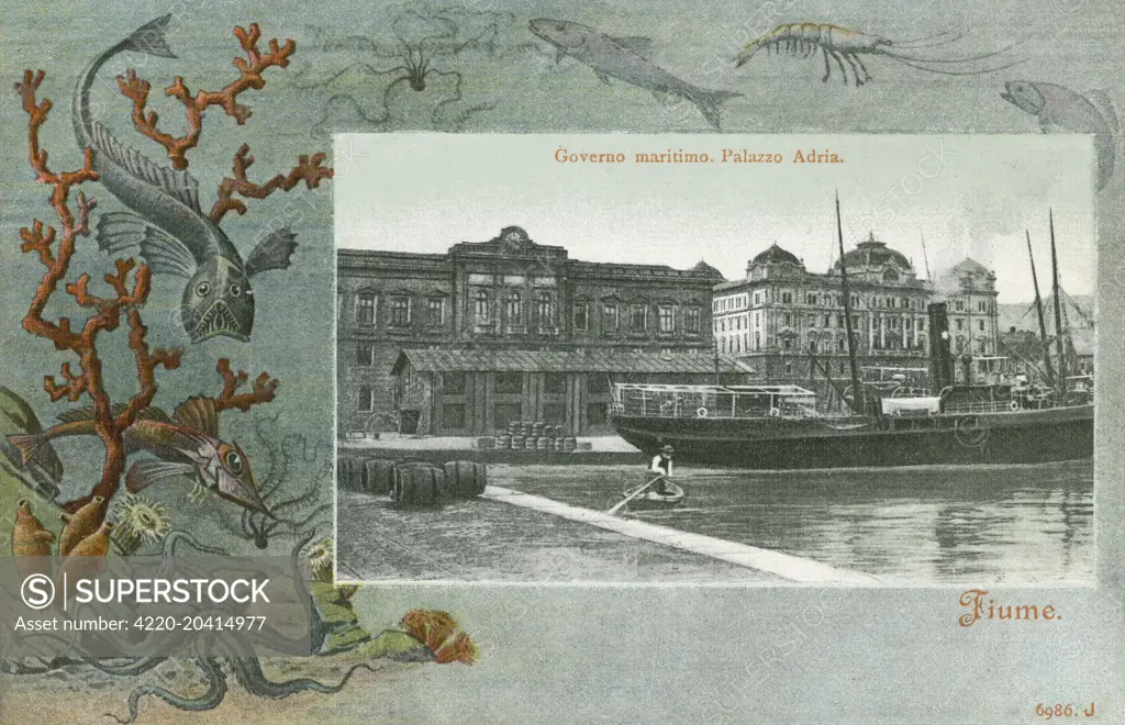 Croatia - Rijeka (Fiume) - The Governor's Palace (now the Maritime and History Museum) and Palace Adria, the headquarters of one of the leading shipping companies - Jadrolinije. Photograph set within a wonderful underwater border with raher fantastic fish and sealife.     Date: circa 1905