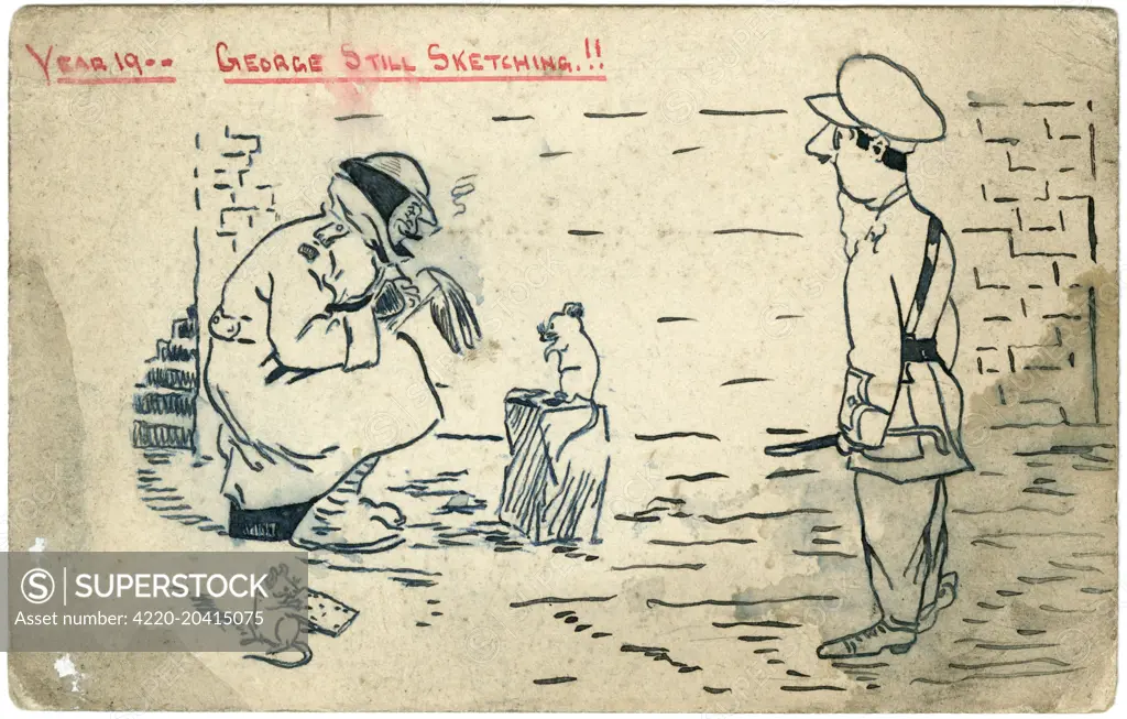 A humorous self-portrait of the artist showing him still sketching somewhere on the Western Front many years in the future.  He is observed by an officer and two little mice, one of which is modelling for him while another enjoys a piece of cheese, perhaps given as payment for modelling services rendered   Some soldiers felt like the war might never end - a popular subject among cartoonists both professional and amateur.     Date: c.1918