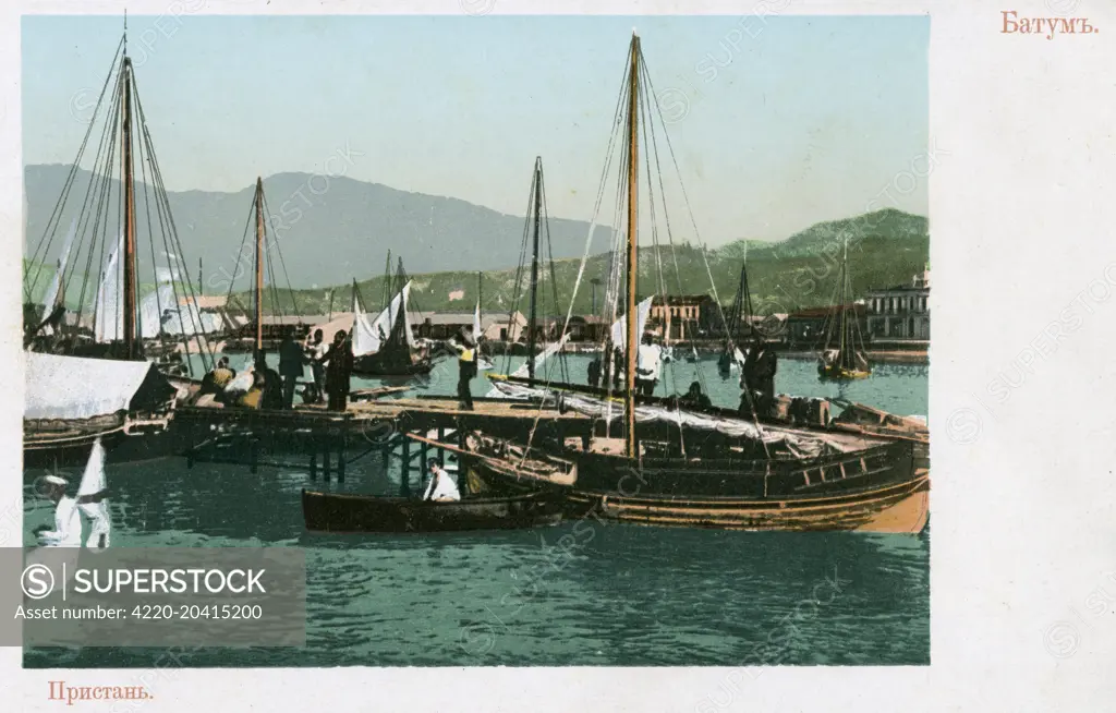 The Harbour of the Port of Batumi (formerly Batum or Batoum) a city on the Black Sea coast and capital of Adjara, an autonomous republic in southwest Georgia, 12 miles from the border with Turkey. Batumi is the last stop of the Transcaucasian Railway and the Baku oil pipeline.      Date: circa 1909