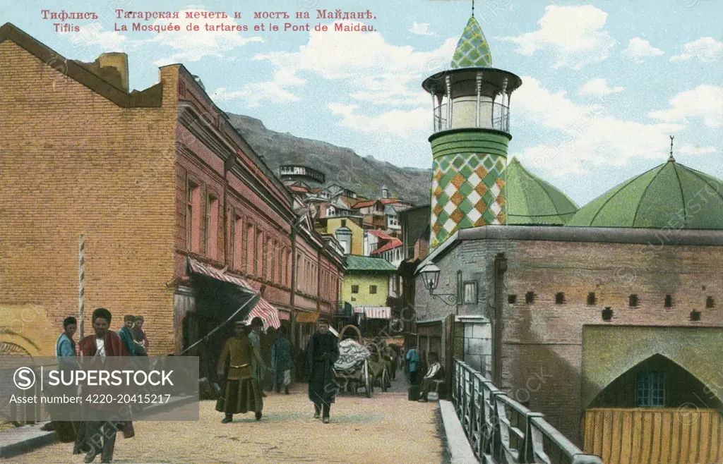 The Tartars Mosque and the Maidan ('Old City') Bridge at Tbilisi, the capital (and largest) city in Georgia  formerly known as Tiflis. Located strategically at the crossroads between Europe and Asia and lying along the historic Silk Road routes, Tbilisi has often been the point of contention between various rivaling powers and empires.     Date: circa 1910s