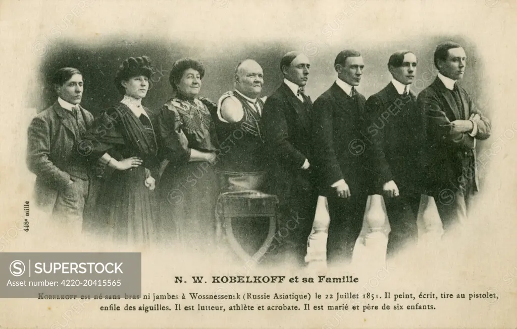 Kobelkoff, Freak show empresario pictured with his family. Nikolai Wassiljewittsch Kobelkoff (1851 - 1933) was born in Wossnesensk, Siberia, Russia. While exhibiting in Austria in 1875, he met Anna Wilfert, a Viennese woman - their public wedding took place in Budapest the same year and they went on to have six children (pictured). With the money he'd accumulated over the years, Kobelkoff was able to buy his own amusement park at Prater, Austria's Coney Island.     Date: circa 1905