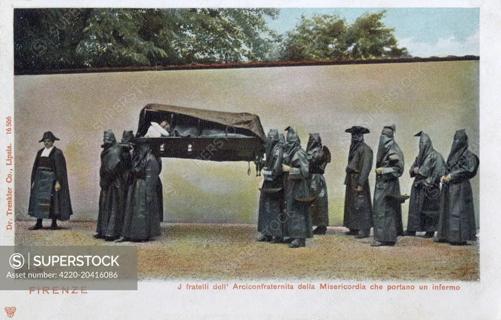 La Venerabile Arciconfraternita della Misericordia di Firenze - a charitable Fraternity from Florence, Italy, serving to transport the sick. The oldest private volunteer institution in the world - founded in 1244. The black robes (with tall hoods) obscure the identity of the 'brothers', maintaining their anonimity.     Date: circa 1904