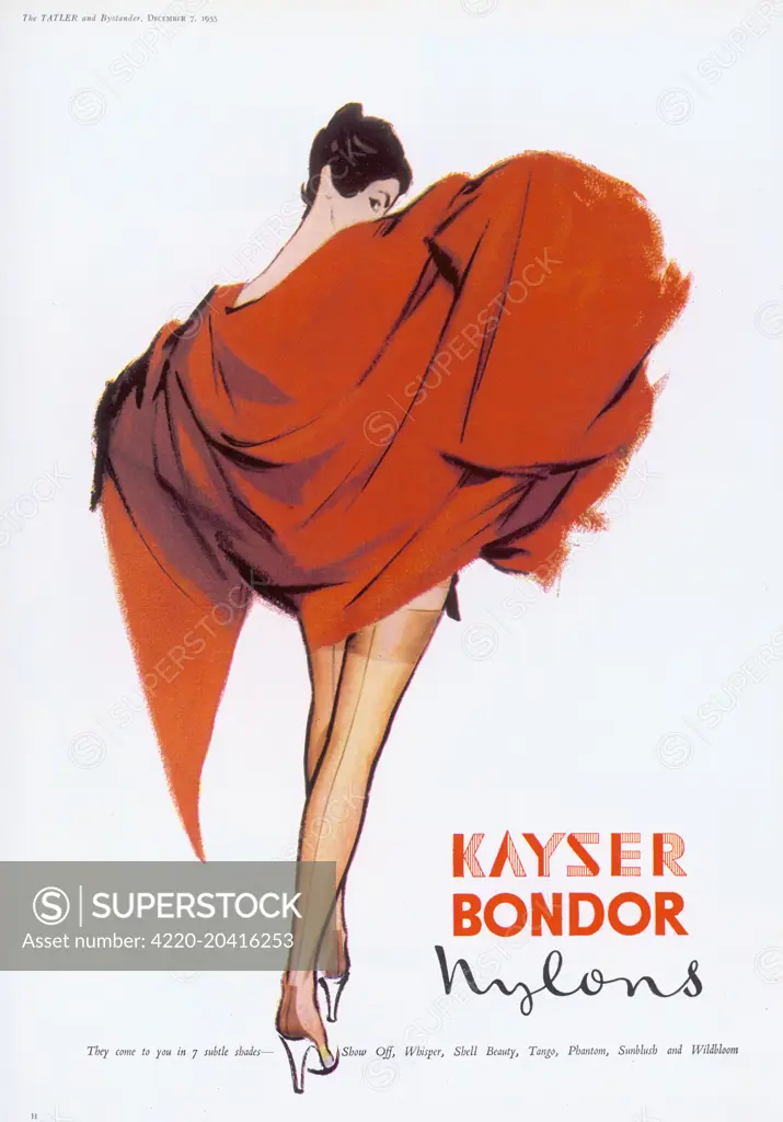 Elegant advert for Kayser Nylon stockings showing a woman raising a sumptuous cloak to reveal her shapely legs and the tops of her stockings.     Date: 1955