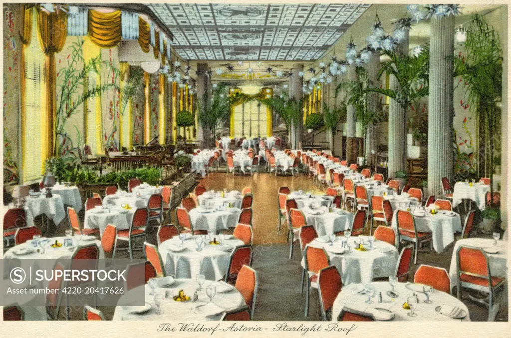 The Starlight Roof restaurant at the Waldorf Astoria Hotel, New York City, America     Date: c. 1930s