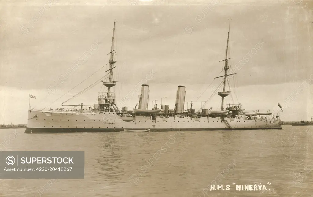 HMS Minerva was a second class protected cruiser of the Eclipse class, launched in 1895 and scrapped in 1920. The ship was present at the relief operations in Sicily after the great earthquake and tsunami in the Strait of Messina, 28 December 1908. The crew qualified for the Medal of Merit for Participation in the Relief of the Earthquake in Calabria and Sicily, instituted by the King of Italy Vittorio Emanuele III.     Date: 1917