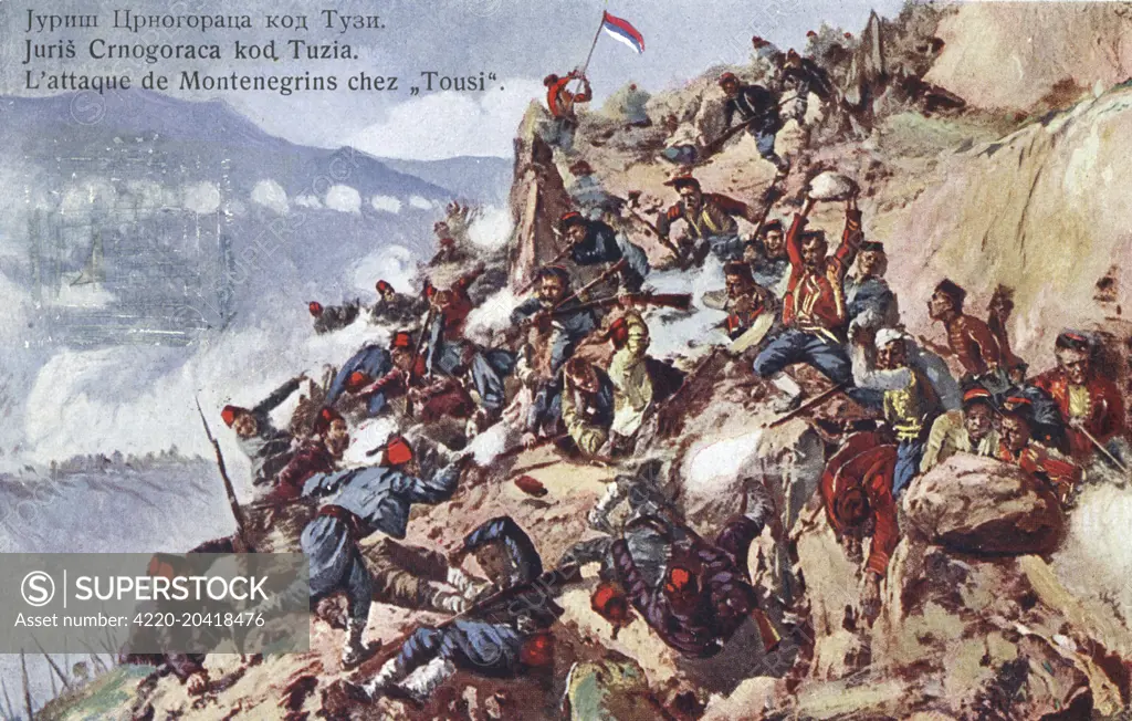 An Austrian Military Postcard, depicting an attack on Tuzi, Montenegro. Tuzi was the last city to surrender to the Turks and the first to claim independence under the leadership of Ded Gjo Luli Dedvukaj. He led his Malesor brothers to victory in 1911, as a result freeing from a powerful Muslim army. The famous battle of Tuzi depicted in this card was known as the Battle of Deciq. This victory for the Albanians sparked to other events that led to the eventual Independence of Albania.     Date: 19