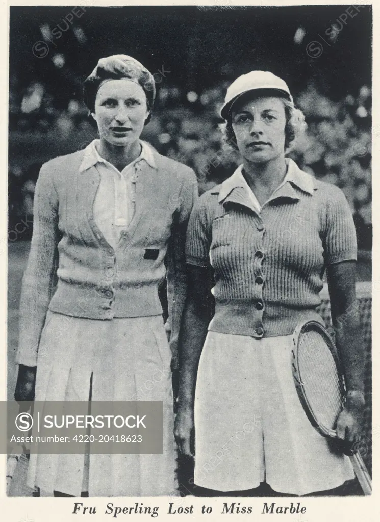 Alice Marble (1913-1990), American tennis player, who was the first woman to win both the US Open and Wimbledon singles titles in the same year, as well as the ladies' doubles and mixed doubles.  She also pioneered the wearing of shorts for tennis, first in 1932 and in 1950, spoke out supporting the black tennis player, Althea Gibson and encouraging the public to accept black and homosexual tennis players into the game.  Pictured here with Fru Sperling who she beat 6-0 6-0 in the semi-finals bef