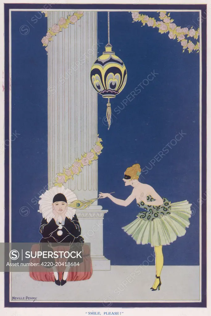 Columbine tickles a gloomy Pierrot with a peacock feather and asks him to 'Smile, Please!'      Date: 1921