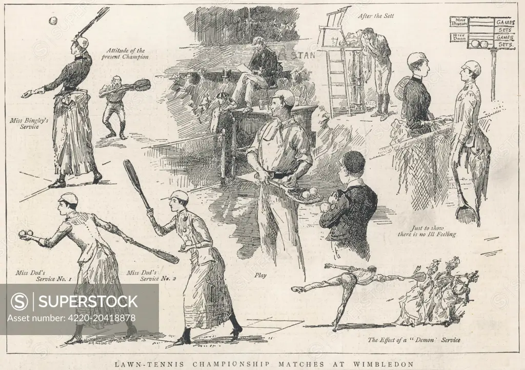 Vignettes showing scenes at Wimbledon in 1887, including several of the fifteen year old Miss Lottie Dod serving the ball in the year she first won the Championship.  Lottie Dod (1871-1960) was an all-round sportswoman, tennis player and five times Wimbledon champion. Excelled in golf, hockey and archery as well as tennis. Won a silver medal in archery at the 1908 Olympics and was the youngest person ever to win a ladies singles title at Wimbledon. She is listed along with Babe Zaharias as being