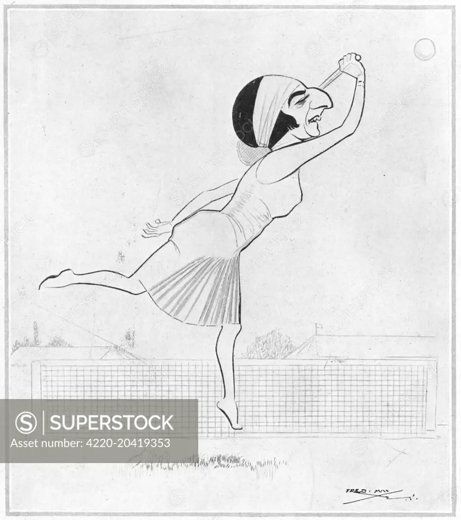 Suzanne Lenglen (1899-1938), French tennis player and champion, winner of 81 singles titles, 73 doubles and 11 mixed doubles captured by cartoonist Fred May wearing her signature bandeau and balletically playing a shot.     Date: 1925