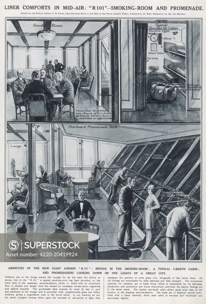 Amenities of the giant British airship R101, showing the smoking room, a typical two-berth cabin, and passengers looking down on the lights of a city from the starboard promenade deck. The Illustrated London News explains that &quot;a special smoking room has been provided...which is fitted with an aluminium floor to obviate any danger from fire caused by carelessly thrown-down cigarettes and lighted matches.&quot; The fireproofing didn't stop the R101 crashing in the early hours of 5th October 