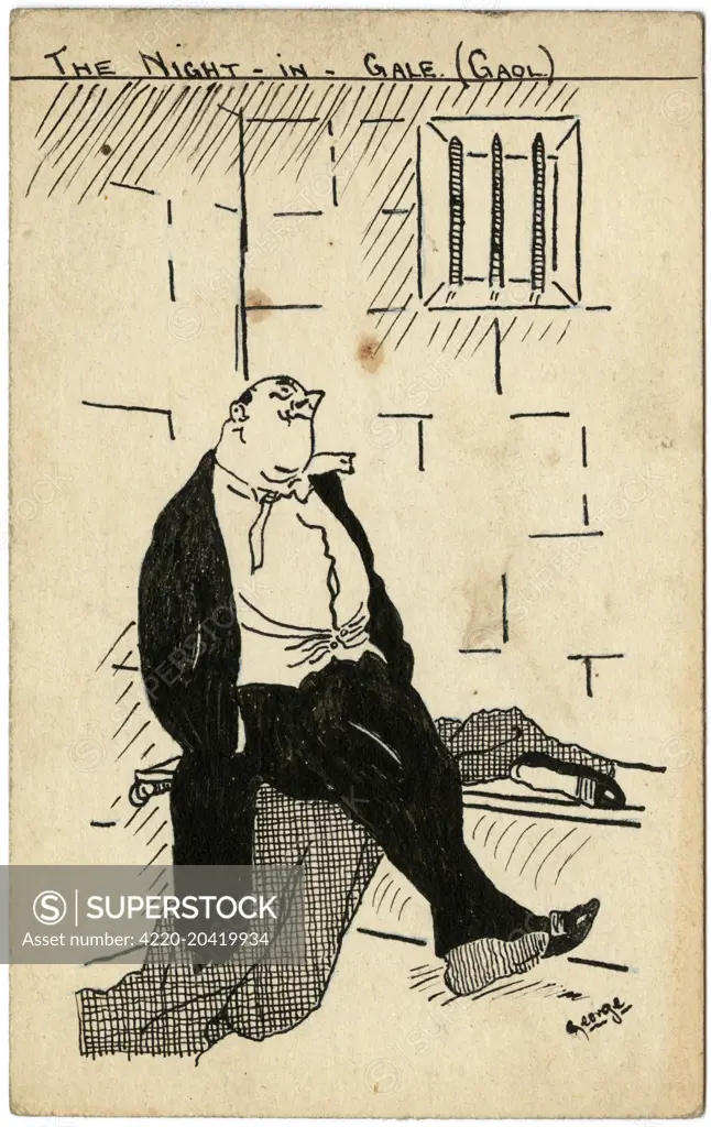 Humorous cartoon depicting a well-dressed reveller sitting resignedly in a prison cell following some sort of misdemeanour the previous evening.  The postcard drawing is one of a series by George Ranstead, an amateur artist of the Great War who served in the Army Pay Corps and produced a large number of such postcards during the period.     Date: c.1917