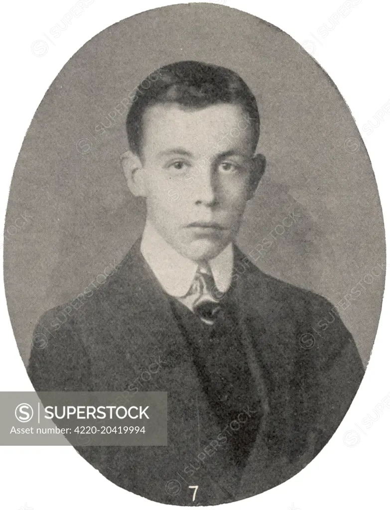 Harold Sydney Bride(1890-1956), Titanic survivor. Bride was the second wireless operator on the Titanic, and was reported to have dealt with a man who tried to steal the first operator's lifebelt. Washed overboard and suffering badly from frost bite, Bride was rescued by the Carpathia and continuted to help with wireless operations on board, transmitting survivor lists and personal messages. He gave evidence as a key witness at the Senatorial inquiry following the disaster.     Date: 1912