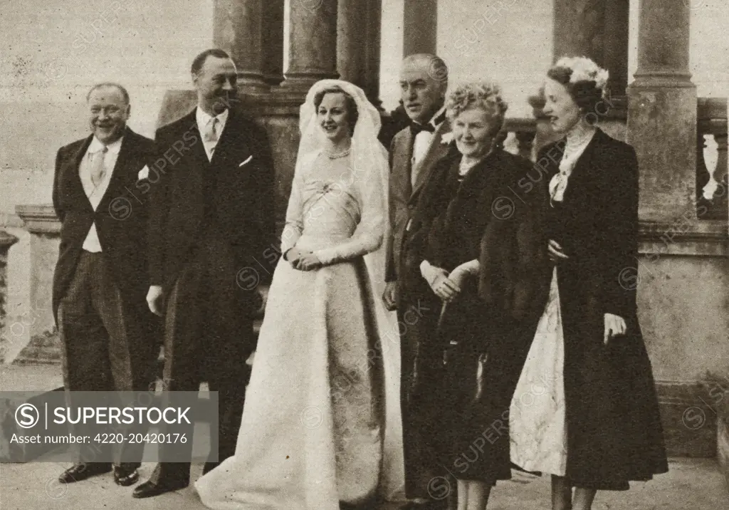 The marriage of Lady Margaret Cavendish-Bentinck, younger daughter of the Duke and Duchess of Portland, to Principe Gaetano Parente, eldest son of the late Marchese Enrico Parente and of Marchesa Maria Imperiali, took place on April 12 in the private chapel of Welbeck Abbey. Our group shows(L to R)Marchese Imperiali di Francavilla(best man), the bridegroom, the bride, the Duke of Portland, the Duchess of Portland and Lady Anne Cavendish-Bentinck at Welbeck Abbey after the ceremony.     Date: Apr