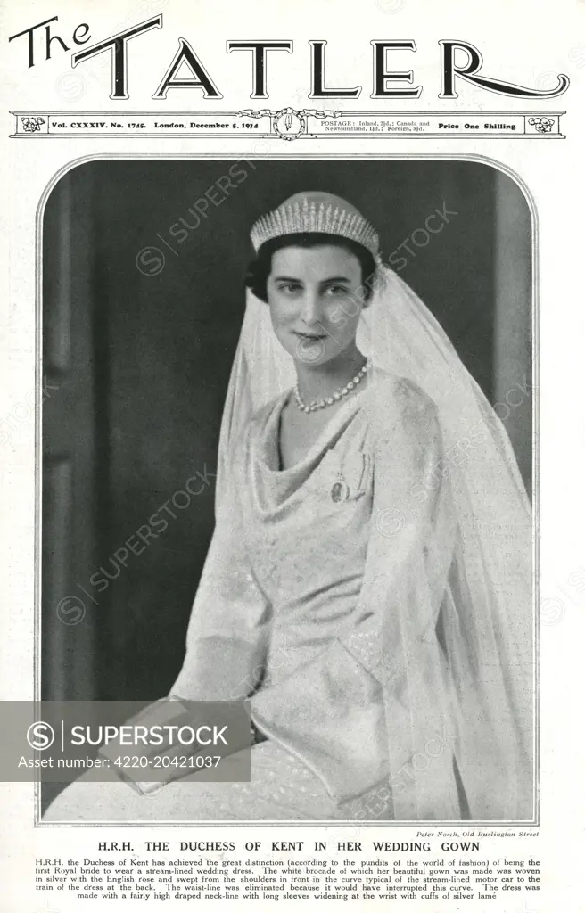 H.R.H The Duchess of Kent, formerly Princess Marina of Greece, pictured in her wedding dress of white and silver floral brocade designed by Captain Edward Molyneux.  She achieved the distinction of being the first royal bride to wear a streamlined wedding dress, which swept from the shoulders in a curve to the train at the back of the dress.  The waistline was eliminated because it would have interrupted the curve, with the high draped neckline and long, widening sleeves with cuffs of silver lam