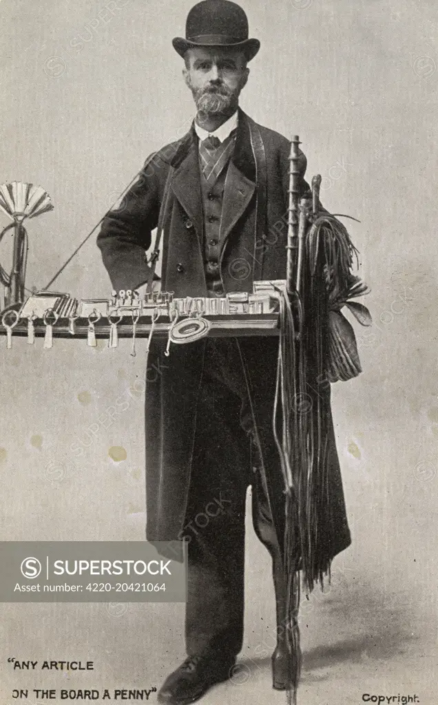 &quot;Any article on the board a penny&quot;    A man wounded in the Boer War, his leg lost resort to life as an itinerant tinker or peddlar, peddling his wares on the street. A Tinker was originally an itinerant tinsmith, who mended household utensils. The term became used in British society to refer to marginalized persons, of which this gentleman is a very fine example. This picture shows how easy it is to be wiped out from one's regular life in an instant.     Date: 1907