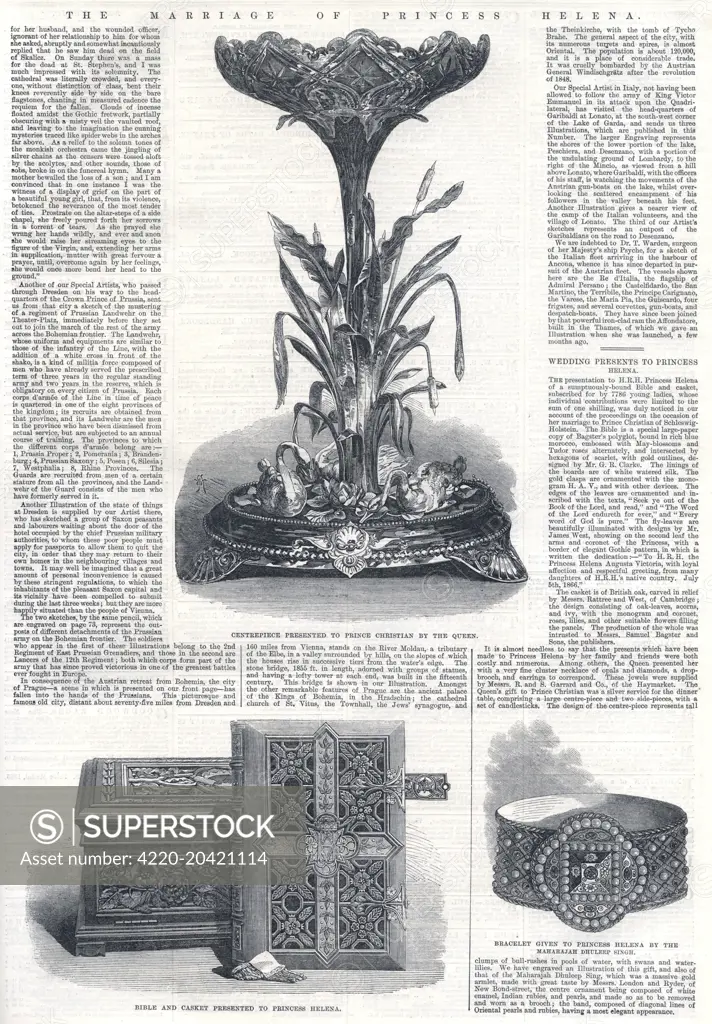 Wedding presents given to Princess Helena, third daughter of Queen Victoria and Prince Christian of Schleswig-Holstein. Above is a centrepiece presented to Prince Christian by the Queen; below left, a bible and casket presented to Princess Helena, and below right, a bracelet given to Princess Helena by the Maharajah Dhuleep Singh.     Date: 1866