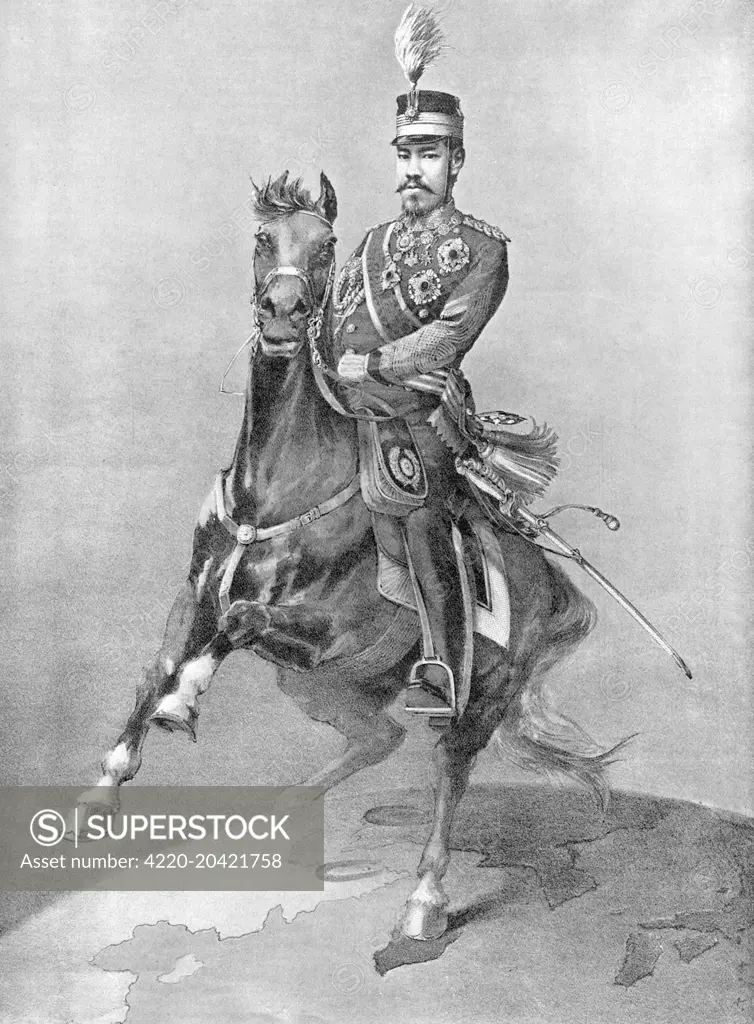 Mutsuhito (1852 - 1912), also known as Meiji, Emperor of Japan, in the uniform of Commander-in-Chief of the Japanese Army and seated upon a charger which stands over Manchuria, Mongolia and Formosa (the latter gained by the Japanese after the war of 1895).  Illustration published shortly before the outbreak of the Russo-Japanese War.     Date: 1904