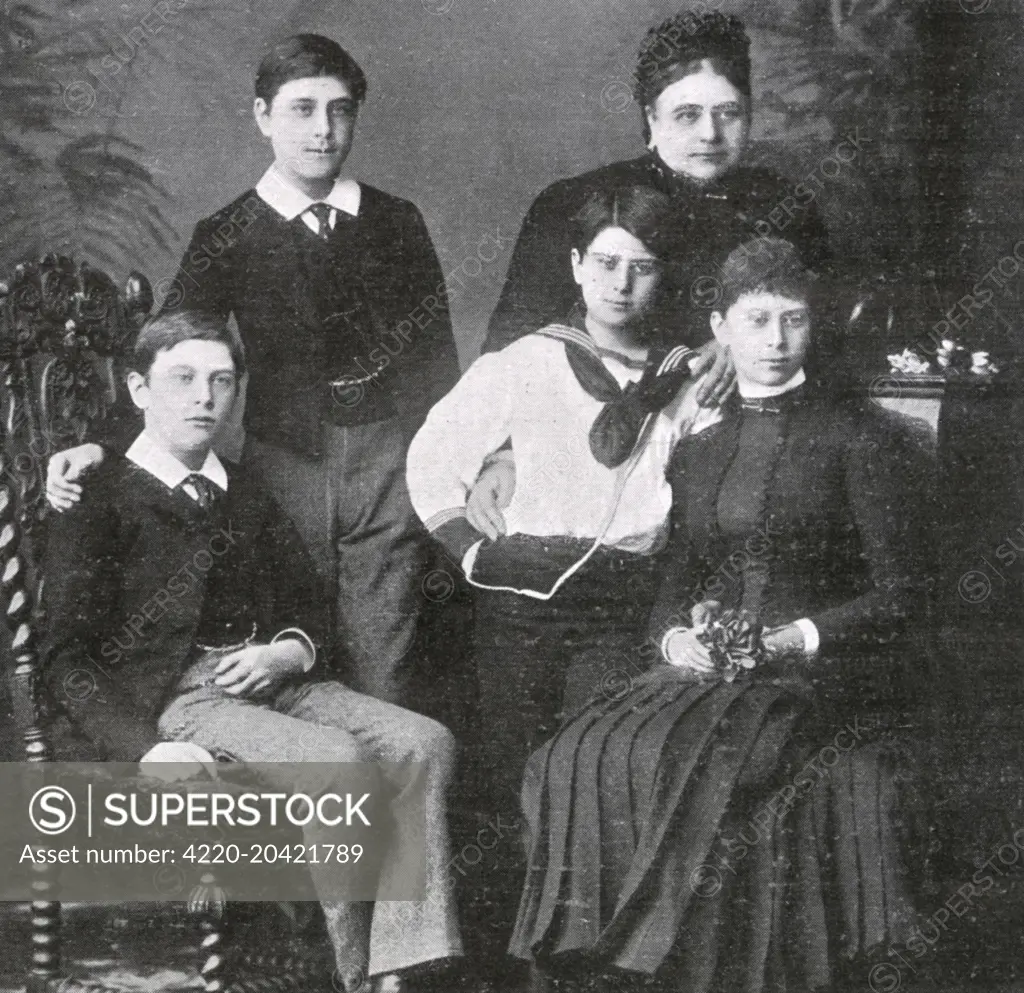 Princess Mary Adelaide of Cambridge (Duchess of Teck) with her four children, including May (lower right), who became Queen Mary.  The boys were Adolphus, Francis and Alexander.      Date: circa 1880s