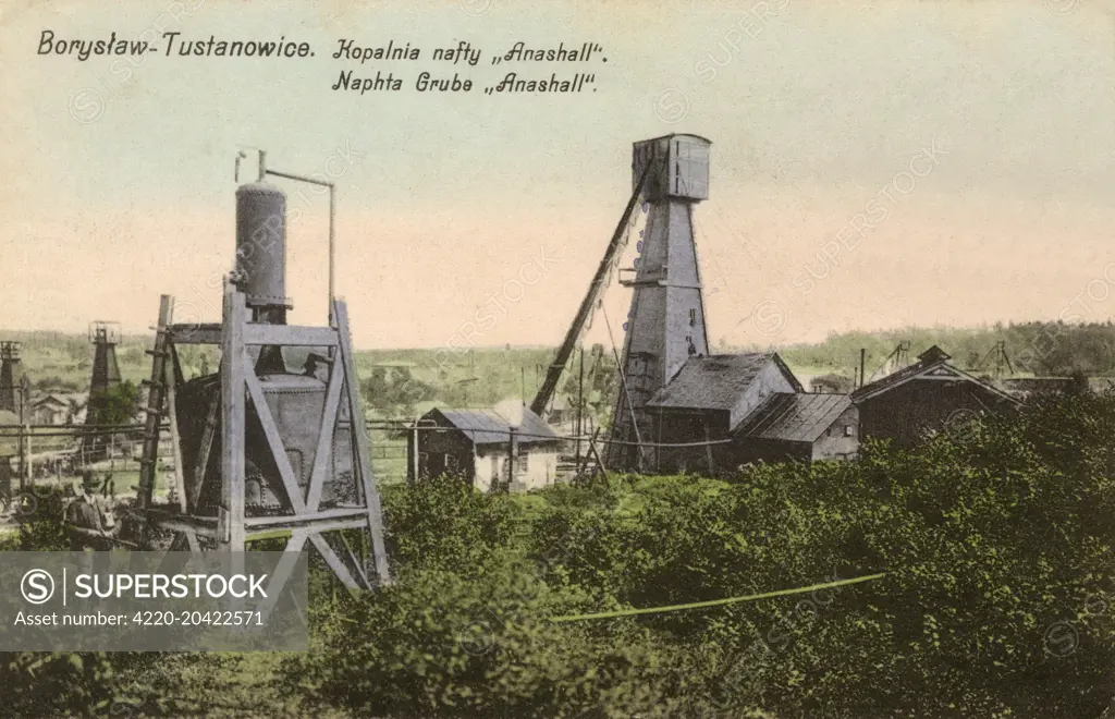 Naphta (crude oil) well at Tustanowice, close to Borislav - a city located on the Tysmenitsa River (a tributary of the Dniester), in the Lviv Oblast (province) of western Ukraine.     Date: 1910