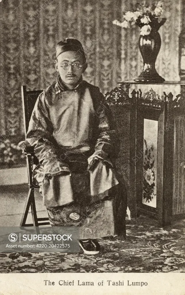 Thubten Choekyi Nyima (1883-1937), The 9th Panchen Lama - The Chief Lama of Tashi Lhunpo. The Panchen Lama is the highest ranking Lama after the Dalai Lama in the Gelugpa (Dge-lugs-pa) sect of Tibetan Buddhism.     Date: circa 1920