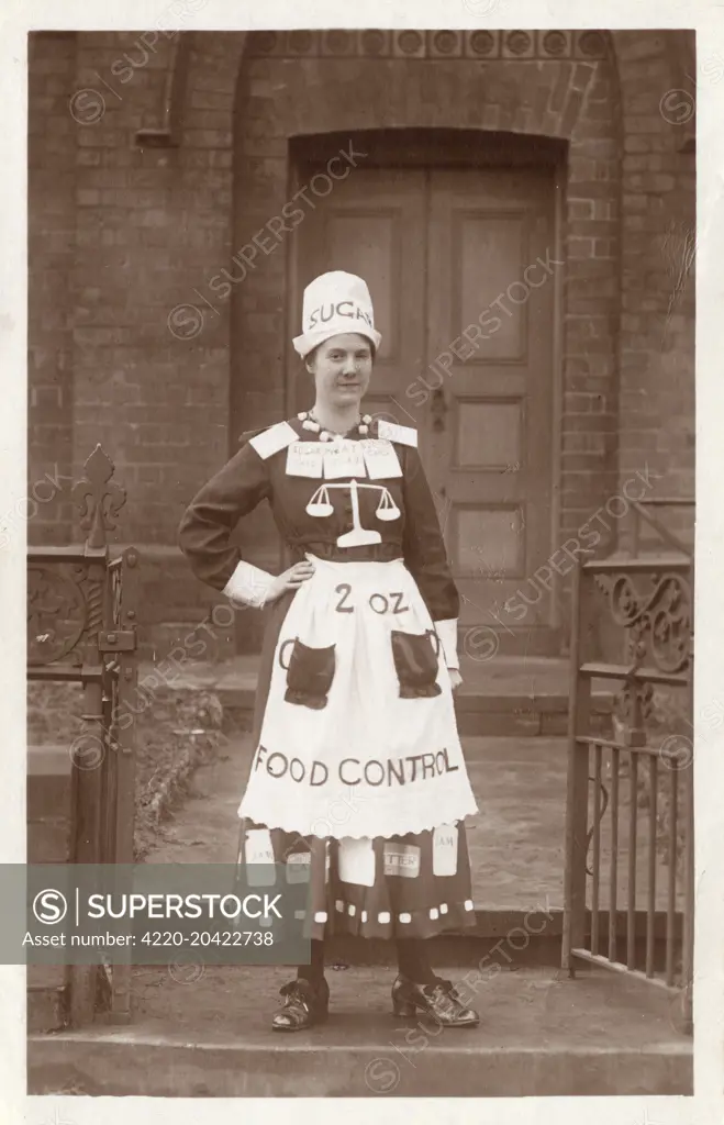 Rationing was introduced into Britain at the tale end of World War One - in February 1918. Rationing was introduced in response to an effective U-boat campaign and during World War One, the Defence of the Realm Act (DORA) was used to ensure that food shortages never occurred. 'Food Control' (another phrase for food rationing) only existed for six months (giving us a perfectly accurate date for this card!).      Date: 1918