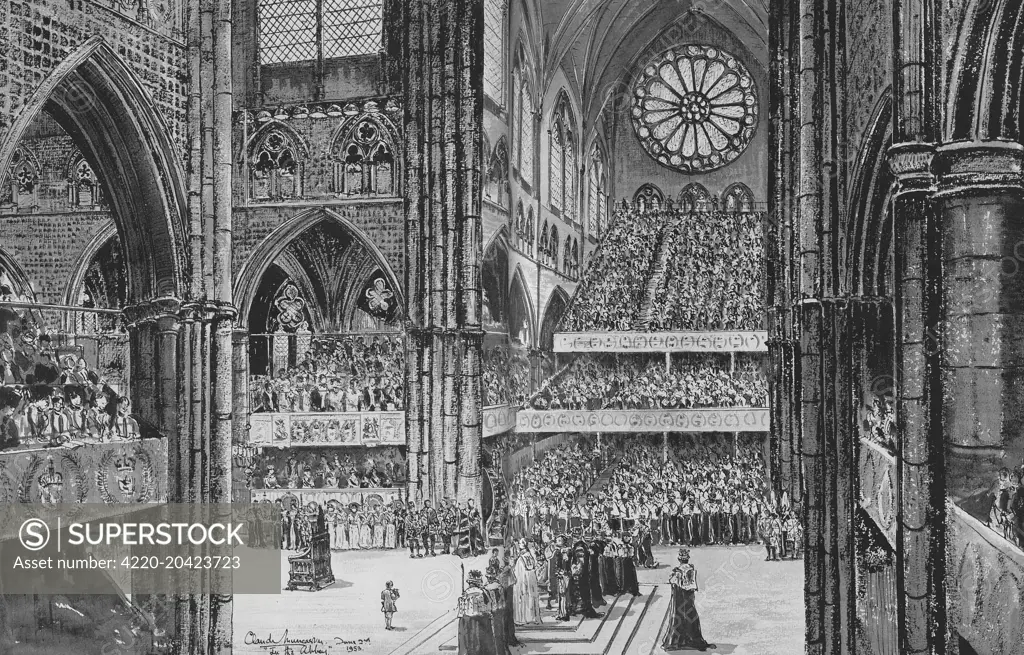 Illustration of the moment in the Coronation Service known as the Homage, when the Archbishops, Bishops, Princes of the Blood Royal and Peers of the Realm repeat the Oath of Fealty. The drawing captures the enormous size of the congregation in Westminster Abbey.     Date: 1953