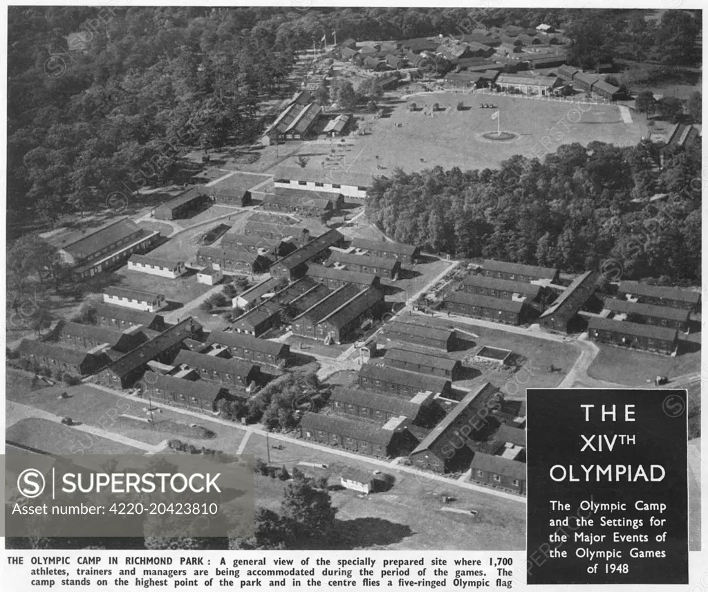 A view from above of the Olympic Camp in Richmond Park, where 1,700 athletes, trainers and managers are being accommodated during the games. The camp stands at the highest point of the park.     Date: 1948