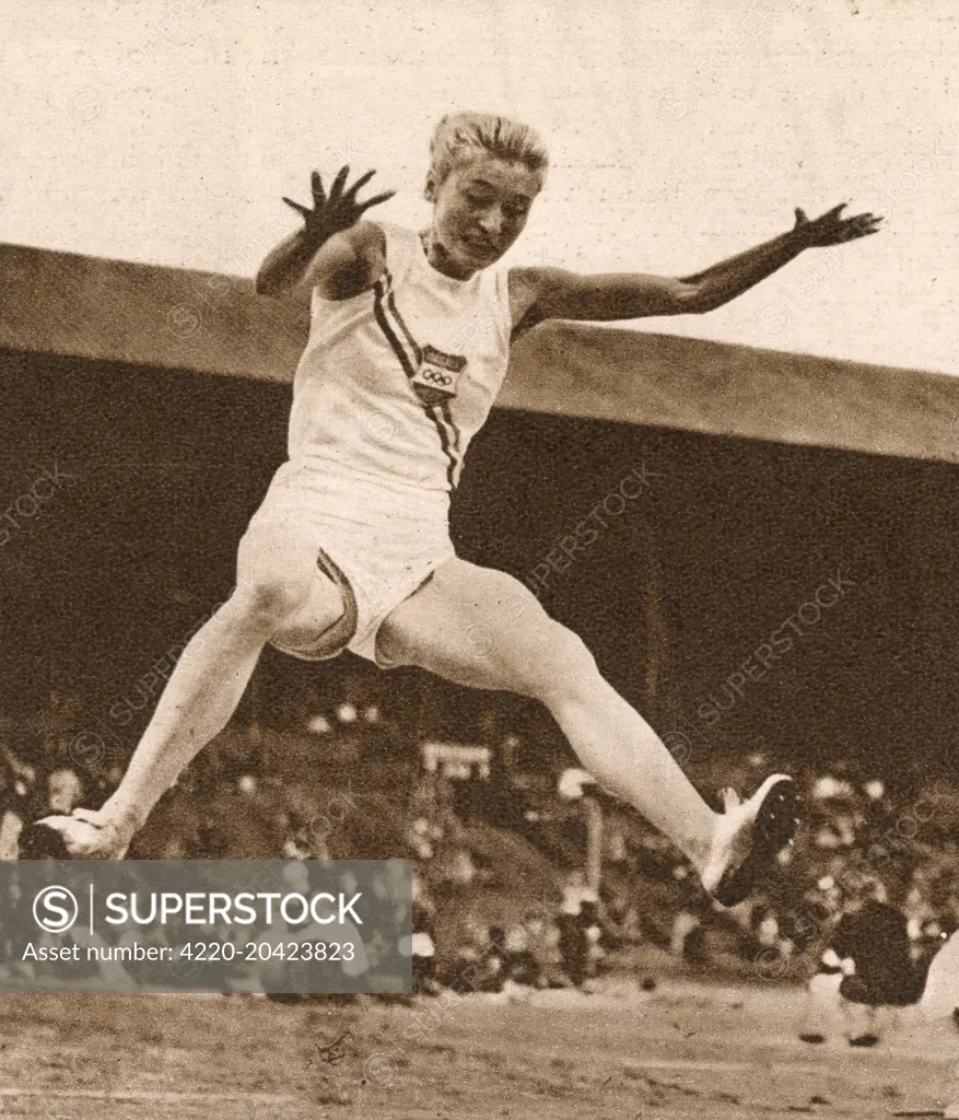 Hungarian athlete Gyarmati won the long jump event at the 1948 London Olympics.     Date: 1948