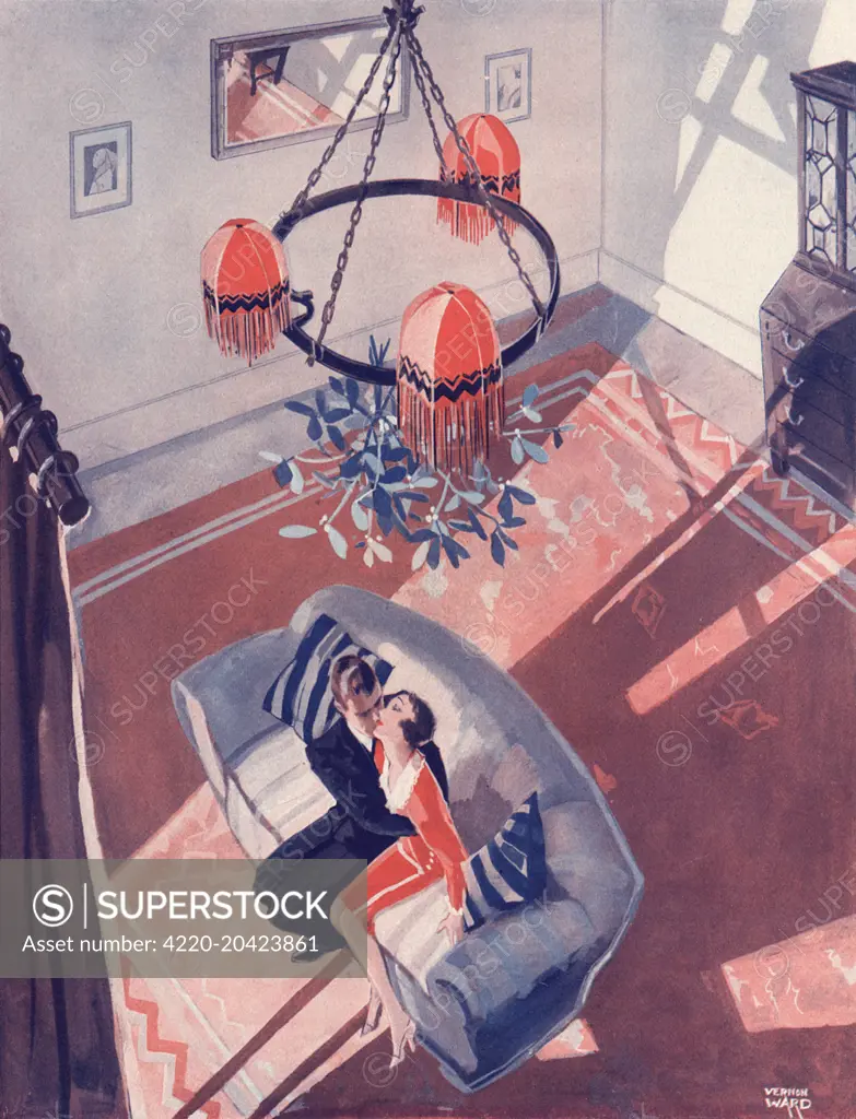 Illustration entitled 'One excuse as good as another' showing a couple lost in a kiss on a sofa in a living room under a bunch of mistletoe hanging from the light fitting.   Date: 1930