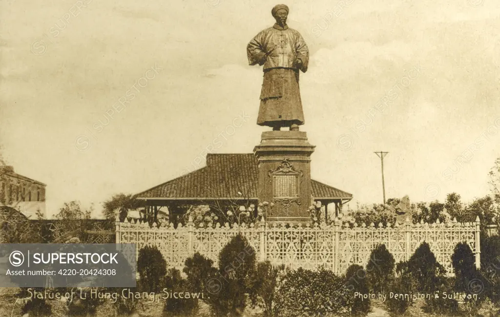 Statue of Li Hongzhang (1823-1901), at Xujiahui (Zikawei, Siccawei, Siccawi) in the Xuhui District of Shanghai. Li Hongzhang (also Li Hung-chang) - a Chinese civilian official who ended several major rebellions, and a leading statesman of the late Qing Empire. He served in important positions of the Imperial Court, once holding the office of the Viceroy of Zhili.     Date: circa 1910s