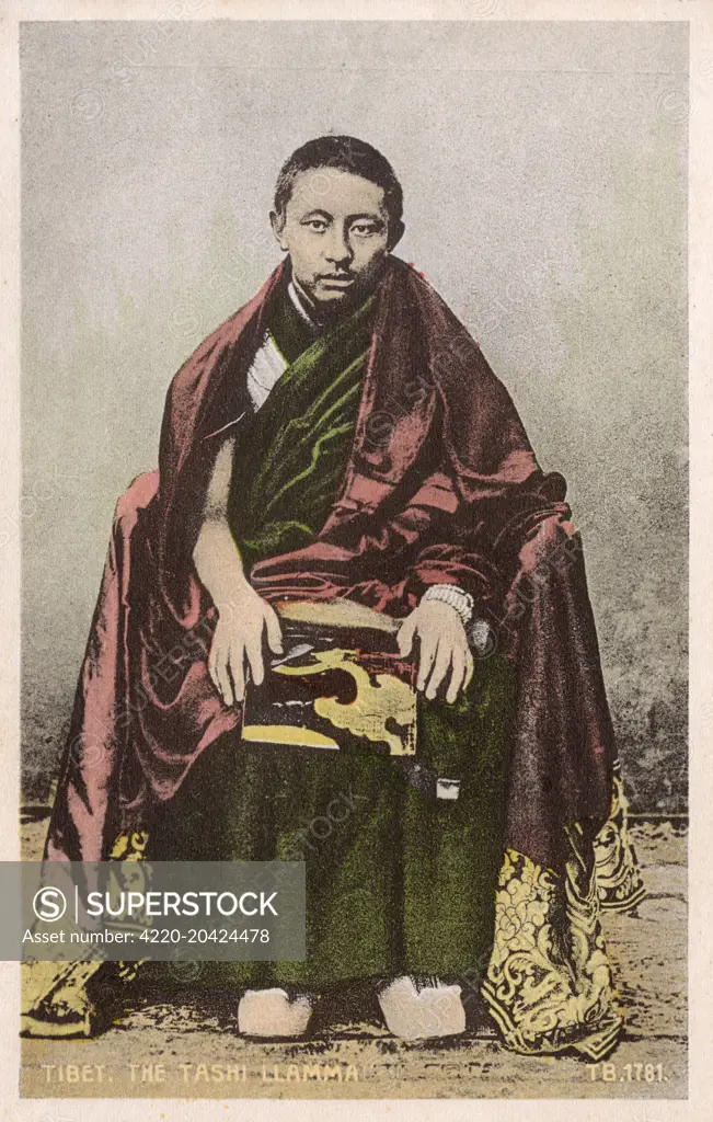 Thubten Choekyi Nyima (1883-1937), The 9th Panchen Lama - The Chief Lama of Tashi Lhunpo. The Panchen Lama is the highest ranking Lama after the Dalai Lama in the Gelugpa (Dge-lugs-pa) sect of Tibetan Buddhism.     Date: circa 1905