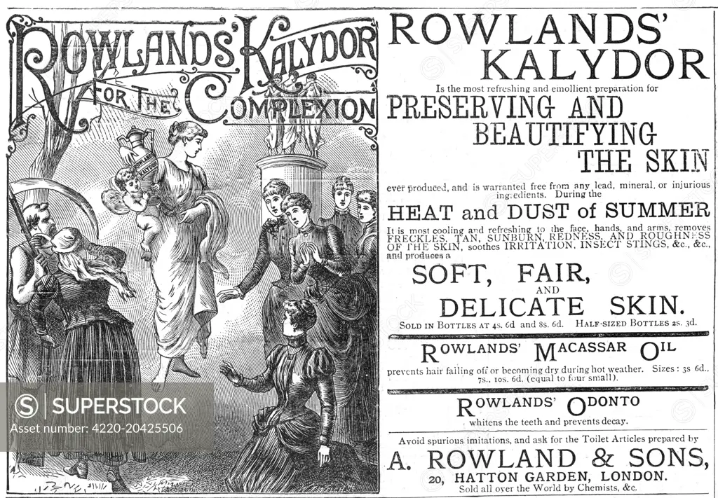 An advertisement for Rowlands' Kalydor-a most refreshing and emollient preparation for preserving and beautifying the skin. The advert is accompanied by an rather fanciful depiction of a clear-skinned beauty descending from the sky, clutching a bottle of Rowlands' Kalydor, accompanied by a cherub. Victorian young ladies look on with understandable suprise, whilst old Father Time and a personification of Age recoil in horror. Rowlands' macassar oil and Odonto tooth powder is also promoted.     Da