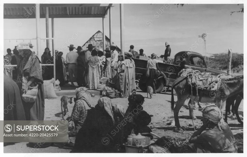 A Wayuu (also Wayu, Wayuu, Guajiro, Wahiro) Market in Venzuela. The Guajiro are an Amerindian ethnic group of the La Guajira Peninsula in northern Colombia and northwest Venezuela.     Date: circa 1930s