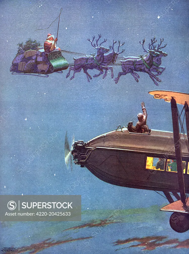 Jolly festive illustration by Norman Keene showing an aviator in an aeroplane greeting Father Christmas and his sleigh mid-air.     Date: 1930