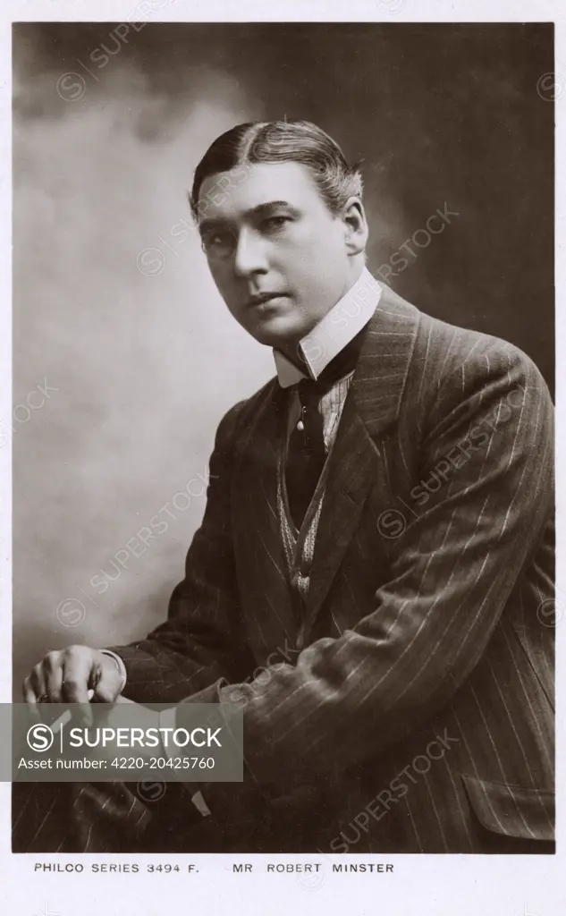 Robert Minster - British Actor wearing a fine pinstripe suit, monacle and stiffly-starched Gladstone collar.     Date: 1900