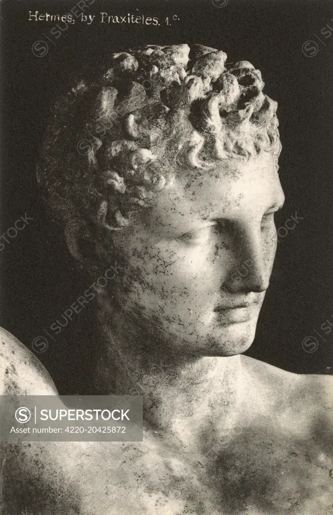 Close-up of the marble statue of Hermes bearing the infant Dionysus by Praxiteles I of Athens, the son of Cephisodotus the Elder and one of the foremost Attic Sculptors.     Date: circa 1910s