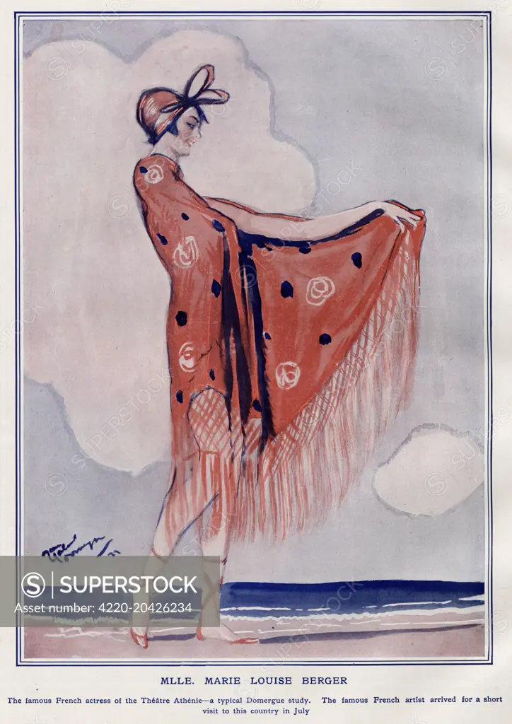 The French actress, Marie Louise Berger (renowned in the Theatre Athenie), in this illustration by Domergue. She is sporting an elegant red shawl with frills with ladybird dots. The beach is the perfect backdrop for this example of 1920s beachwear.     Date: 1923