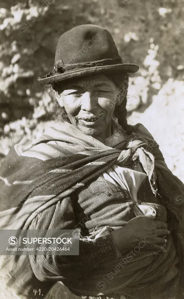 Indigenous Quechua Indian Woman of the Altiplano, Bolivia.     Date: circa 1930s