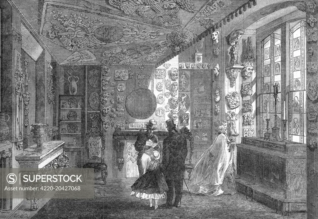 Sir John Soanes Museum at Lincoln Inn Fields, 1864. Victorian visitors admire the Monks' Parlour.  1864