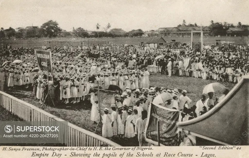 Lagos, Nigeria - Empire Day - Pupils from local Schools parade  the Racecourse.     Date: 1928